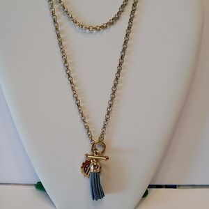 Statement 34" Bar/Ring Grey Leather Scalloped Disc Pendant Gold Plated Chain